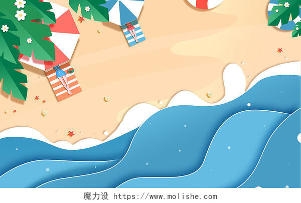 夏天海边蓝色夏日剪纸背景四季插画